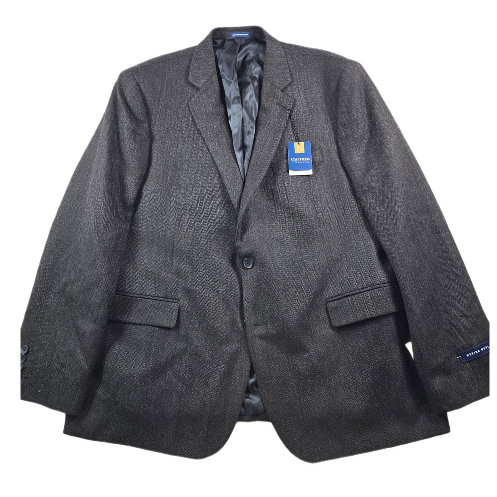 Stafford Sport Coat Mens 48R Dark Brown Merino Wool Herringbone Signature Blazer